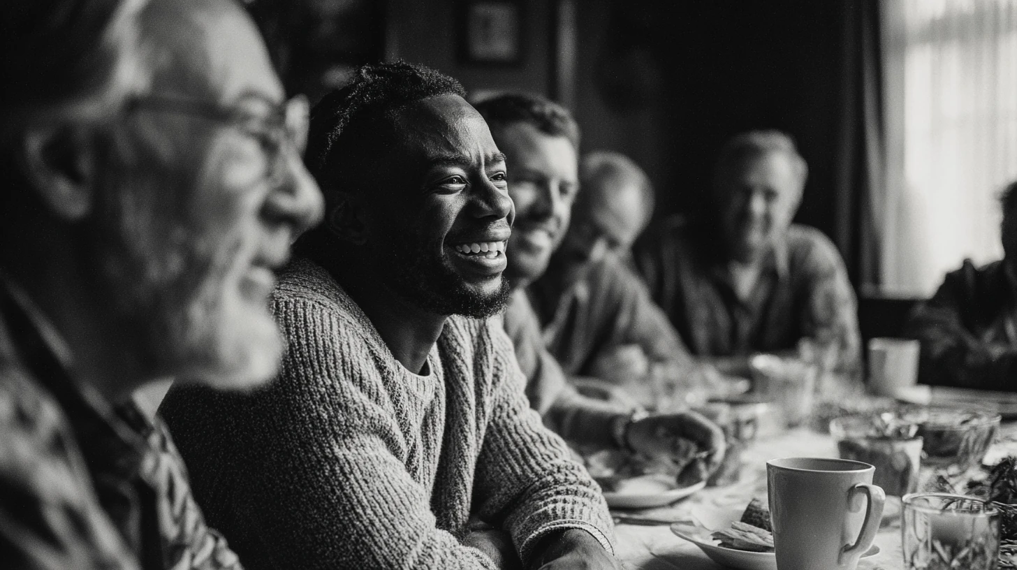 Men of different ages laughing together around a brunch table